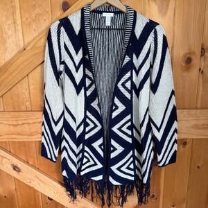 Chico's Cardigan Navy White Geometric‎ Fringe Open Front Women Size 0